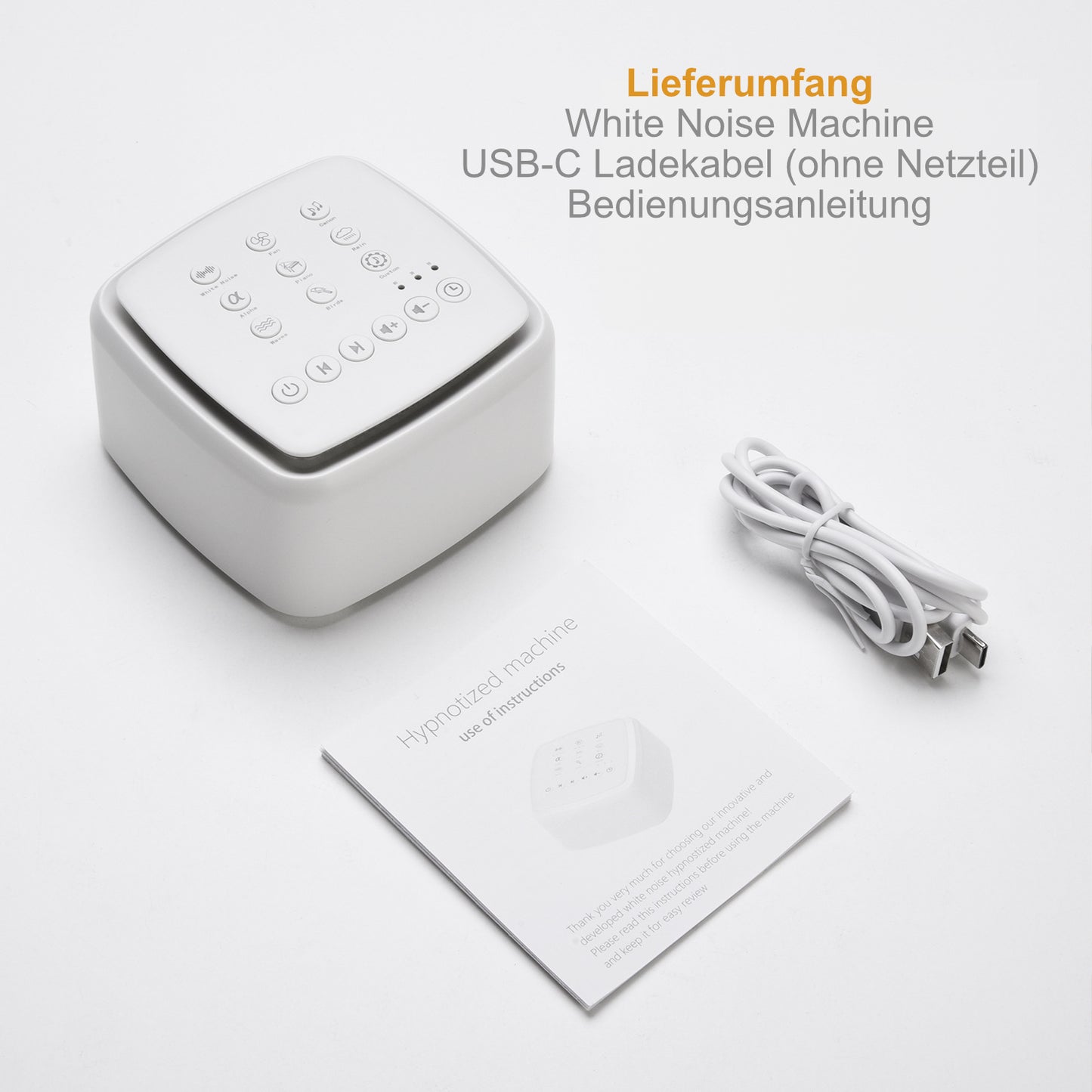 Serivana White Noise Machine Lieferumfang mit Ladekabel und Bedienungsanleitung für das beste Schlafergebnis